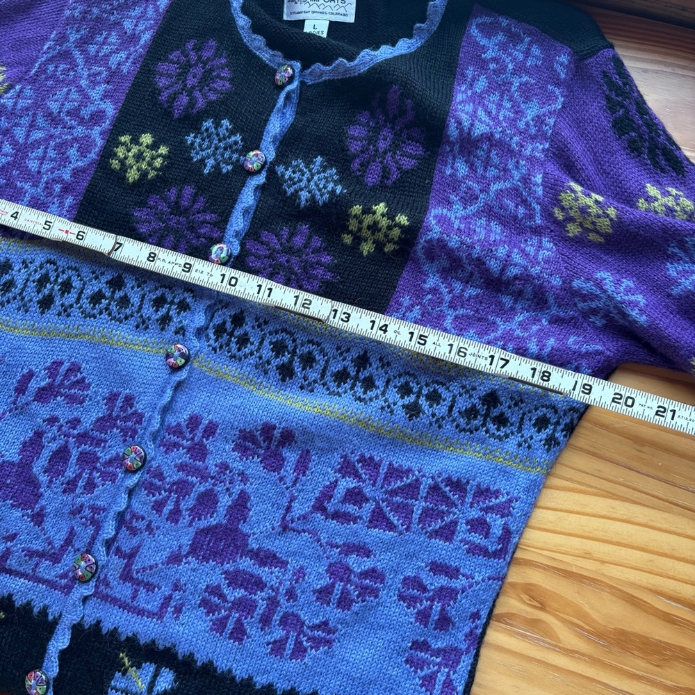 Alpaca Imports Wool Blend Button Front Cardigan L Purple Black Nordic Artsy - Picture 10 of 14